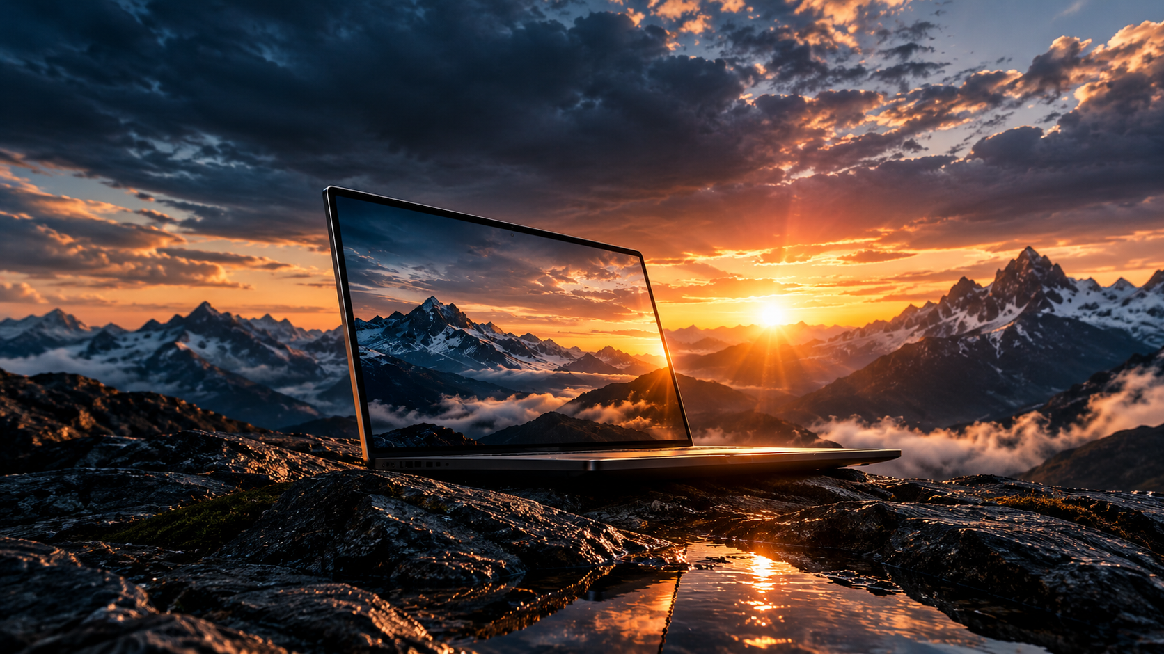 Cinematic United Design Studio artwork: a laptop on dark rocks against a mountain sunrise, with Coming Soon branding.